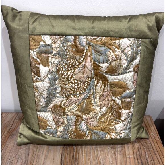 Vintage 100% Thai Silk Pillow Embroidered 14" X 14" Green - Picture 1 of 6